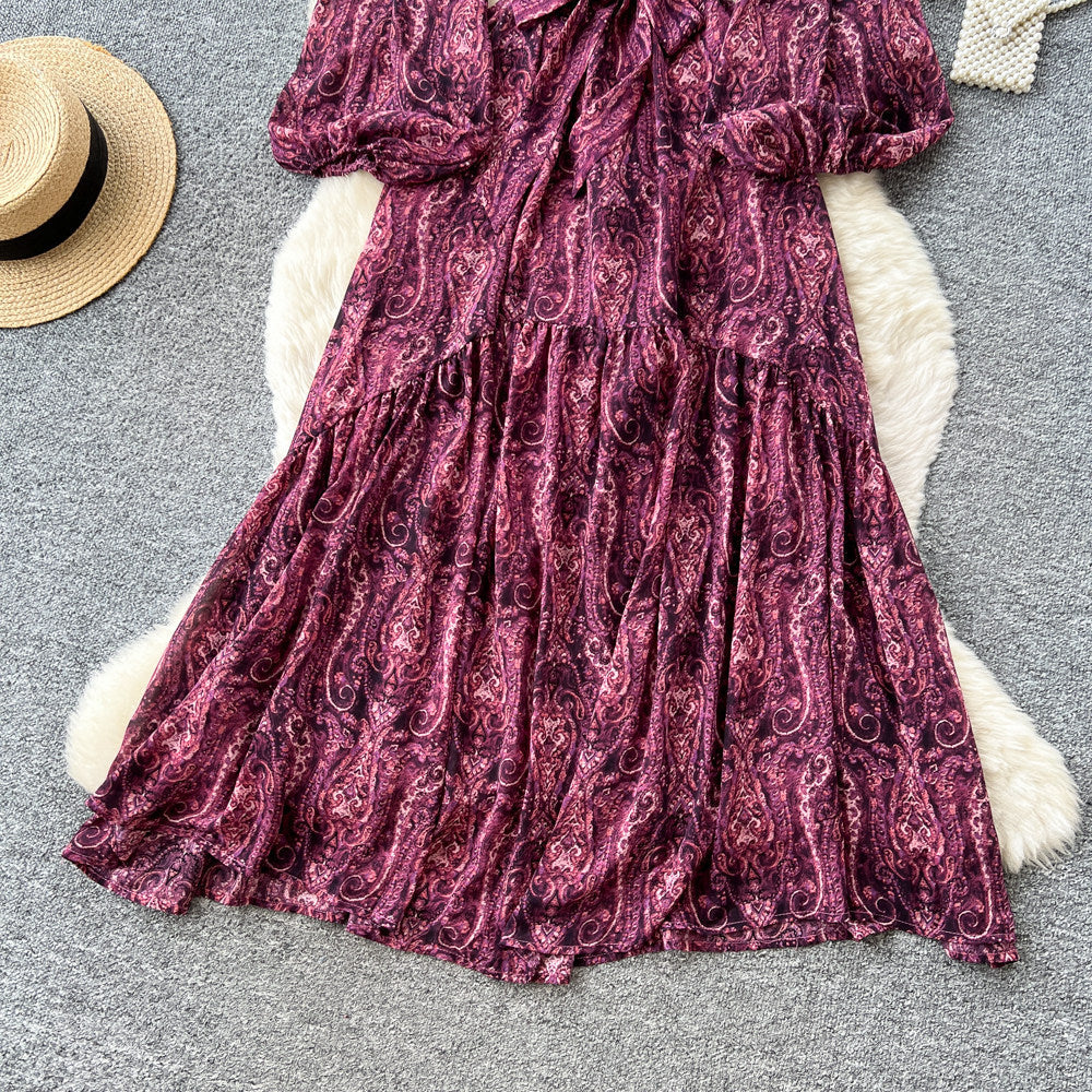 French lady style printingloosedress women's spring & falllong sleeves strap waist a-line long skirt slimming lookelegant skirt