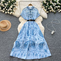 Belted dress -  summer collection: figure-flattering, slim-fit, french-inspired vintage short-sleeve printed maxi dress with a flowy hem