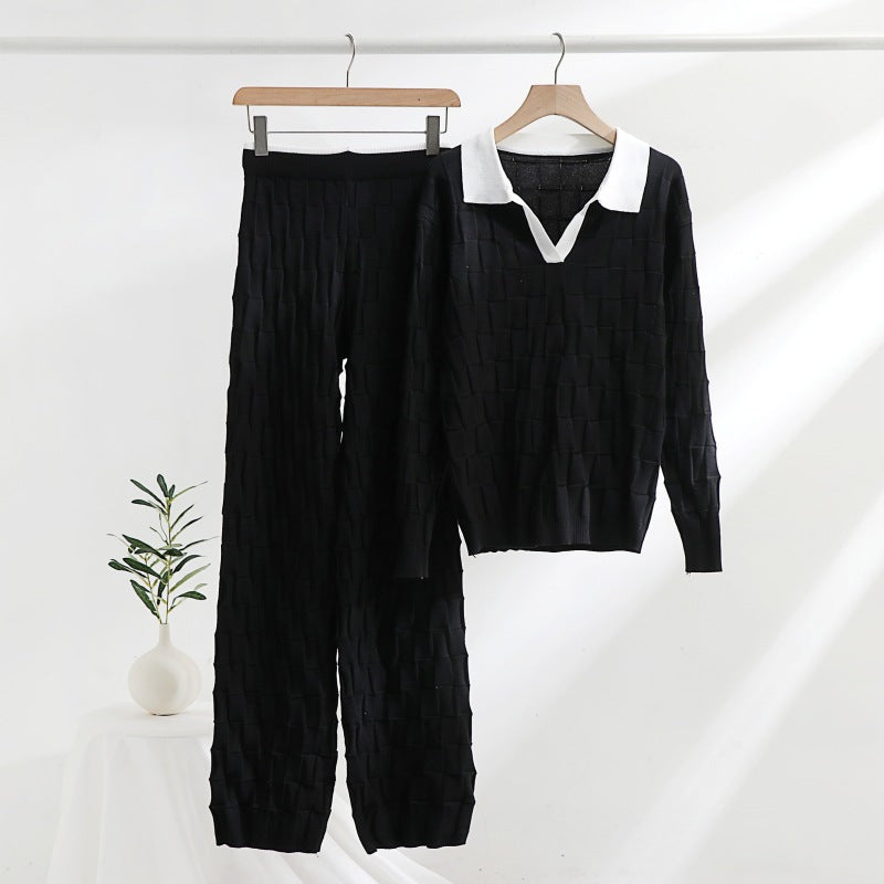 Trendy knit set:  autumn new korean style half-open collar pullover knit top & casual pants two-piece set