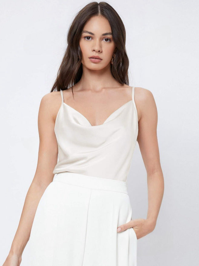 Suit with artificial silk satin suspenders women's stacked collar outwear sexy bottom swing collar short tops
