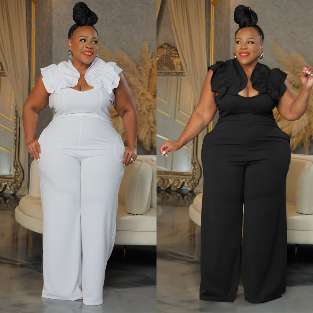 S10889 European and American sexy, large size suspender lace stretch slim wide-leg jumpsuit