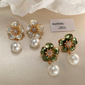 Vintage hong kong style french chic elegant white floral pearl earrings - 925 sterling silver posts - statement earrings