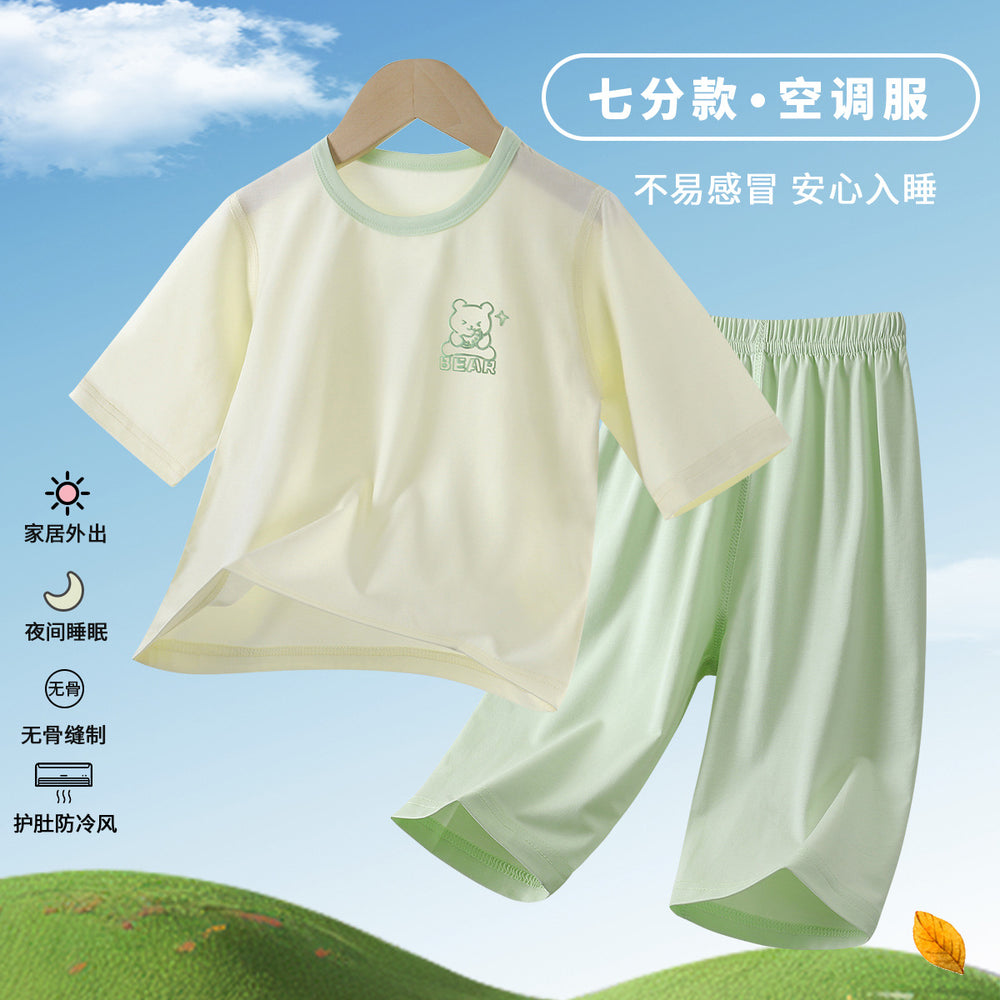 Yishimei new arrival tencel lyocell kids men's and women's mint three-quarter sleeve summer home air-conditioning suit wholesale