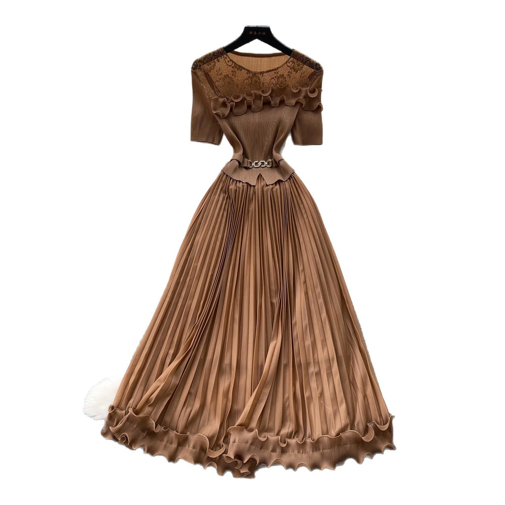 Lightly mature elegance style green pleated mesh dress women's short-sleeved high waist waist pleated long skirt work clothing socialite style
