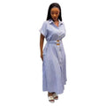 European and american cross-border women's clothing  summer new arrival: casual notch collar striped tie-waist short-sleeve shirt dress