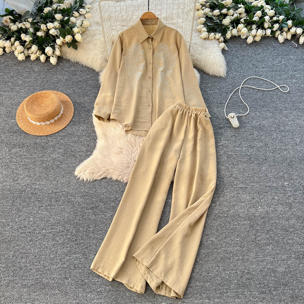 Autumn casual outfit set for women: loose-fit fashion rhinestone long-sleeve single-breasted shirt and high-waisted wide-leg pants set