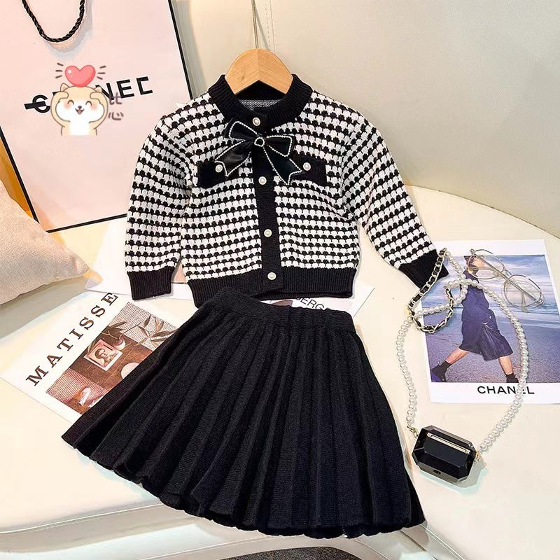 Exclusive tweed styletwo-piece setbowsgirl knitting skirt