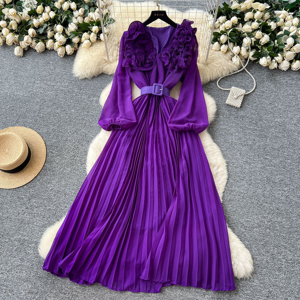 Frenchretrostereo flower lantern sleeve waist pleateddress women 2025new arrivalslimming lookelegant long skirt