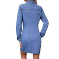 35882#  cross-border fashion new retro waist slimming look long sleeves denim non-elastic dress for women