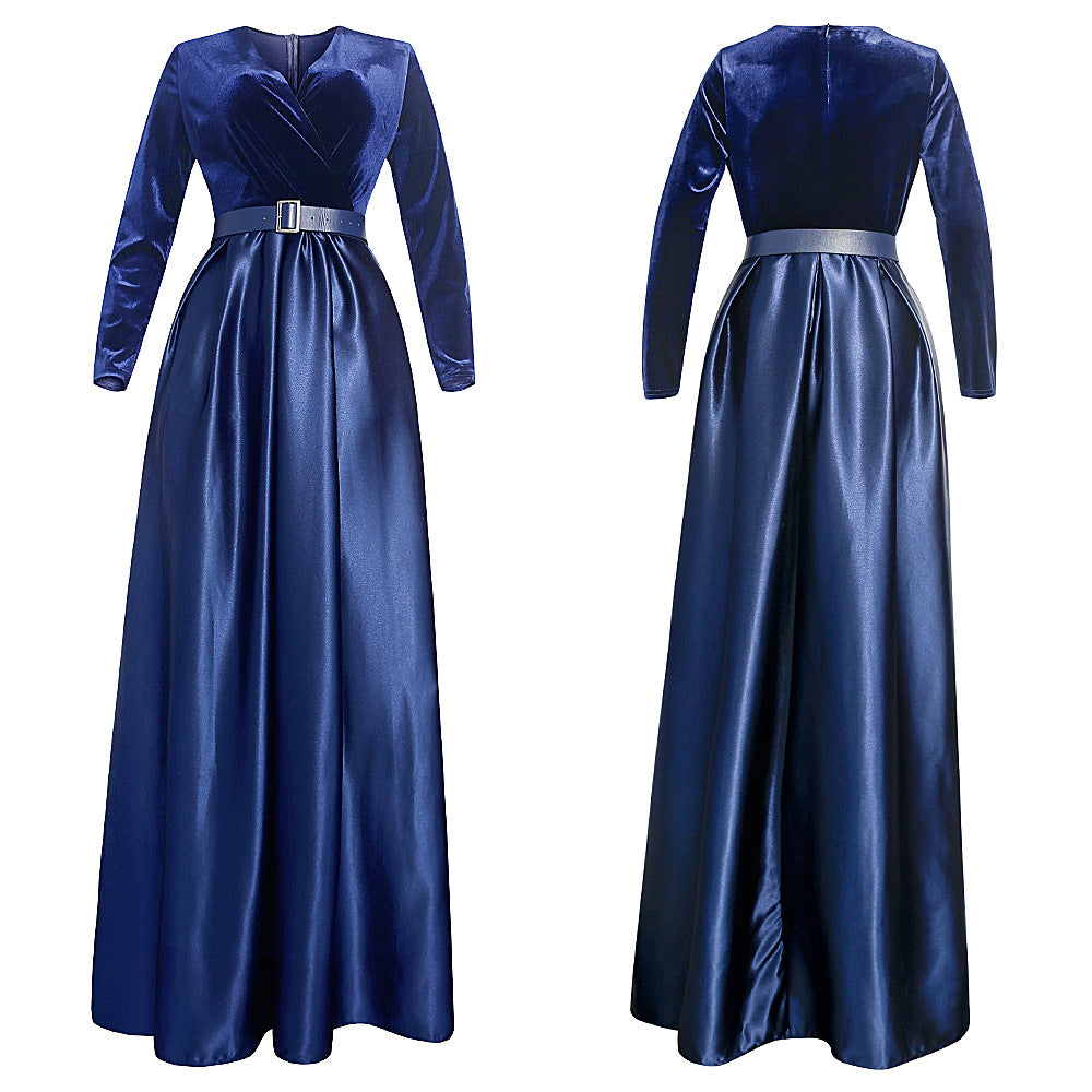 African dress women's european and american  cross-border hot style autumn and winter fashion deep v velvet long sleeve flared maxi dress * includes belt