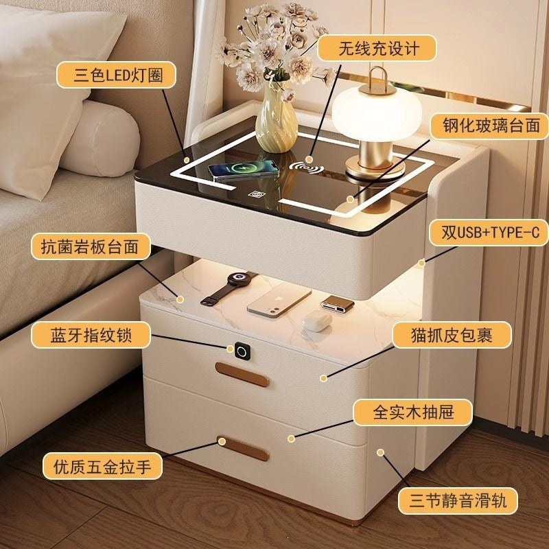 Solid wood smart light luxury bedside table - modern, high-end, home bedroom, minimalist, multifunctional, wireless charging & storage