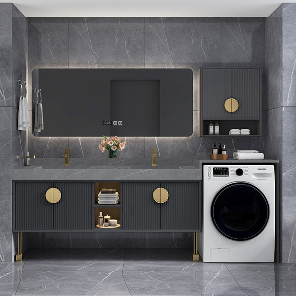 [Customized] Light luxury solid wood rock slab integrated bathroom cabinet balcony washing machine cabinet laundry wash set basin cabinet intelligent