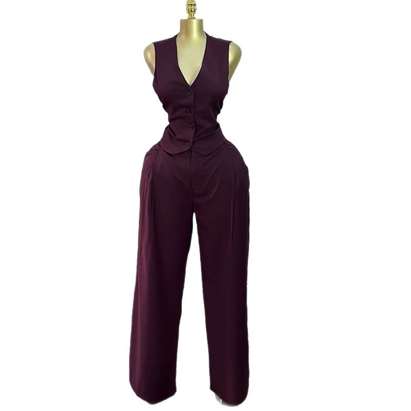European and american cross-border women's fashion  autumn new arrival: high-end v-neck blazer vest top and wide-leg pants two-piece set