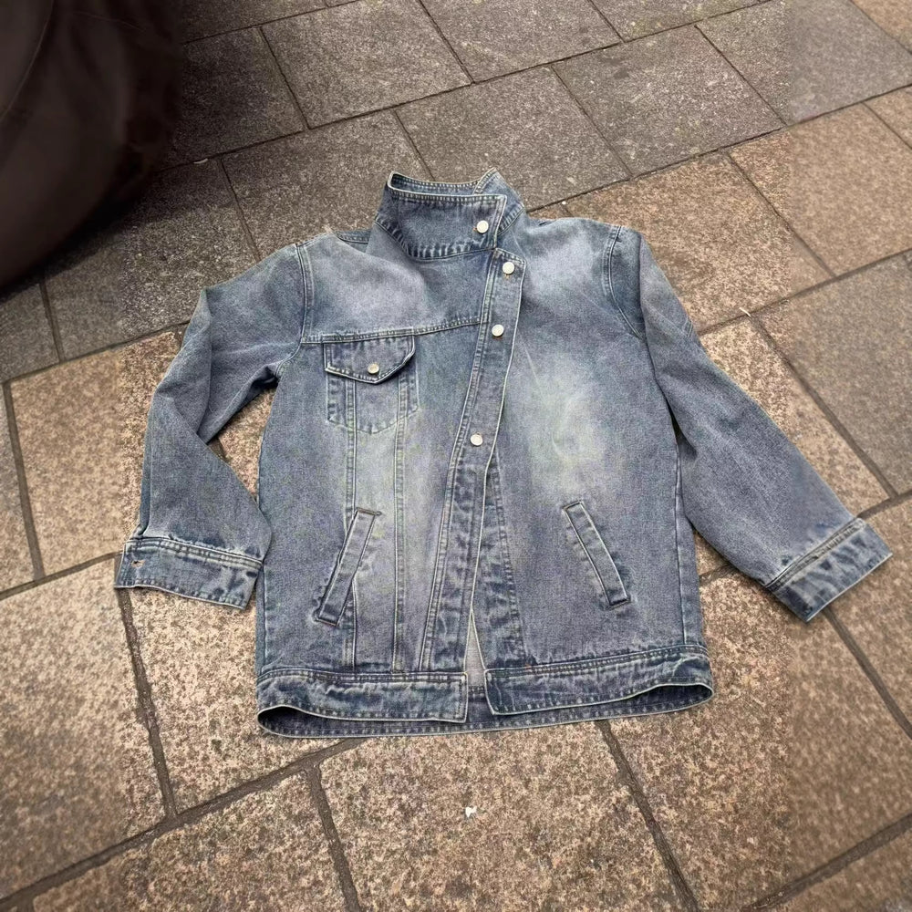korean version of asymmetrical washed denim outwearlooseniche stylesense of designshort lapeltops for women