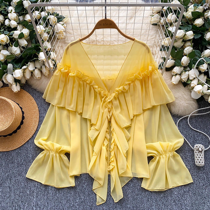 cross-border 2026 summer lazy style elegant socialite rufflespatchwork bell sleeve chiffon shirt loose shirt