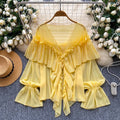 cross-border 2026 summer lazy style elegant socialite rufflespatchwork bell sleeve chiffon shirt loose shirt