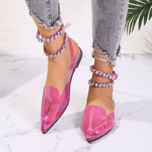 new pointed-toe rhinestone sandals for women, export quality, european and american style, flat heel, size 42, silk satin, open back with buckle closure
