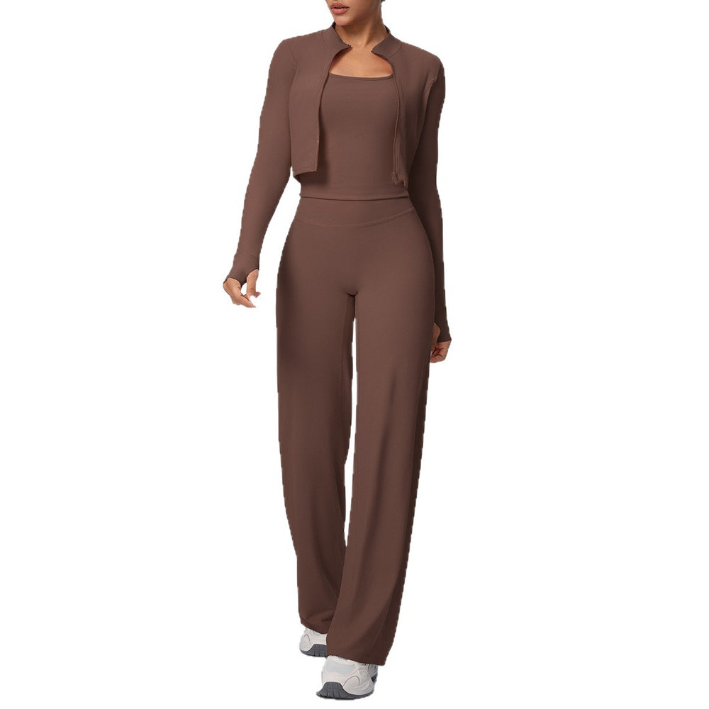 pure color brushed tight tank top wide-leg long three-piece set sports running fitness yoga suit