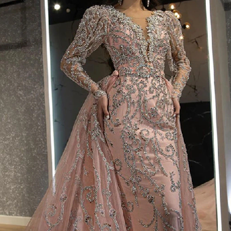 new european and american cross-border women's fashion  dress - sexy v-neck long sleeve gold-sprinkled train evening gown