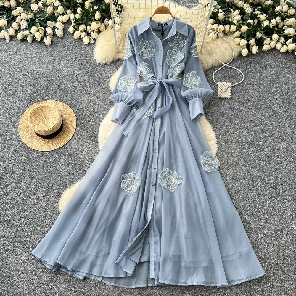 Frenchelegant heavy industry flower embroiderlong sleevesdress women's summerk-style strap waist slimming lookelegant long skirt