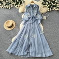 Frenchelegant heavy industry flower embroiderlong sleevesdress women's summerk-style strap waist slimming lookelegant long skirt