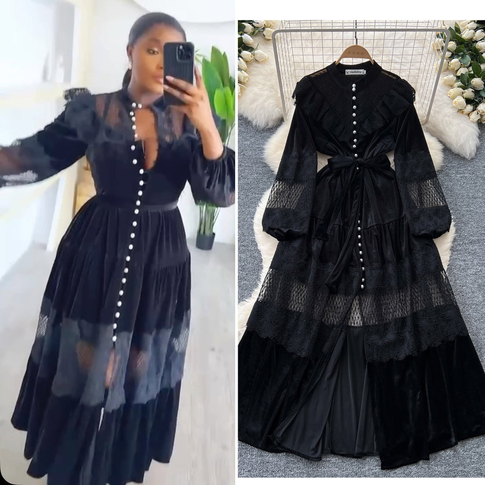 Palace style dress women's frenchretrofashion stand collar pearl single breasted lacepatchwork velvet long skirt
