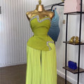 European and american cross-border women's fashion  summer new collection: heavily embellished bandeau top with rhinestone accents and asymmetrical design, paired with pleated wide-leg pants set