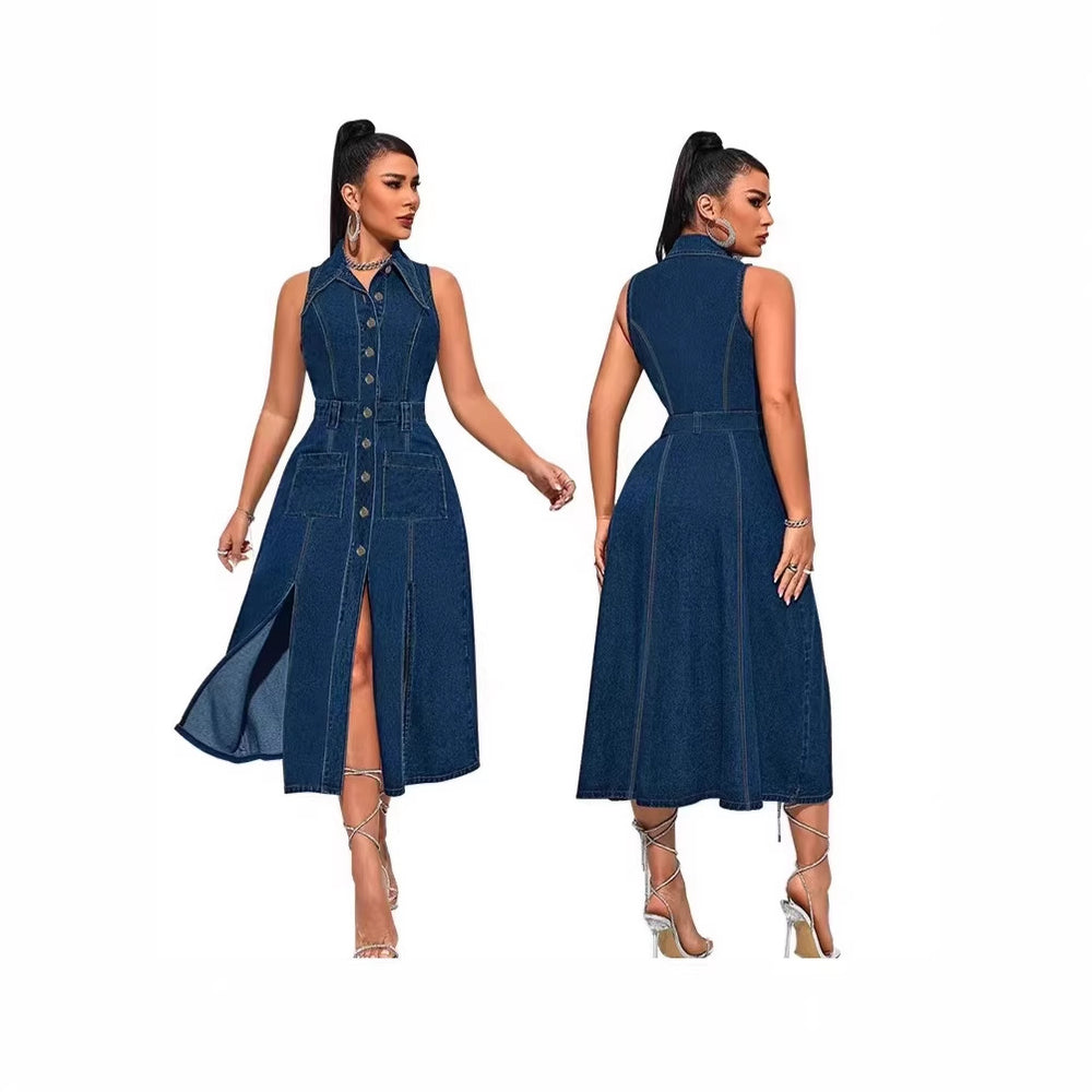 Amazon independent station  cross-border women's denim dress fashion sleeveless slit long dress women