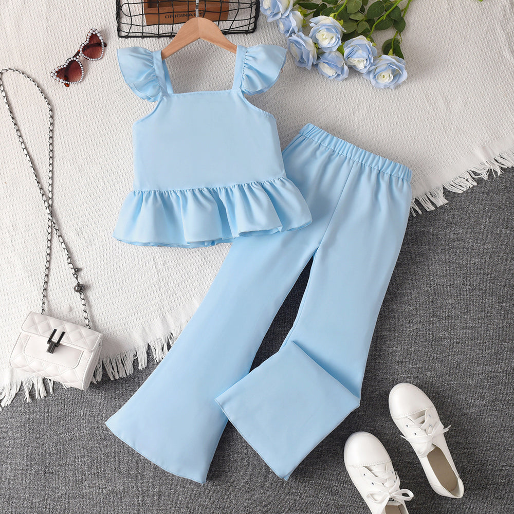 cross-border girls' pink vest & flutter sleeve top with lace-trimmed flare pants two-piece set