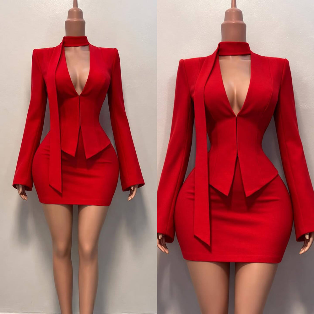 European and american cross-border women's fashion  summer new arrival: elegant solid color choker blazer top and bodycon midi skirt set