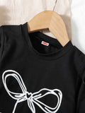 autumn cross-border girls' bow print crew neck top & 3d bow washed denim jeans two-piece set