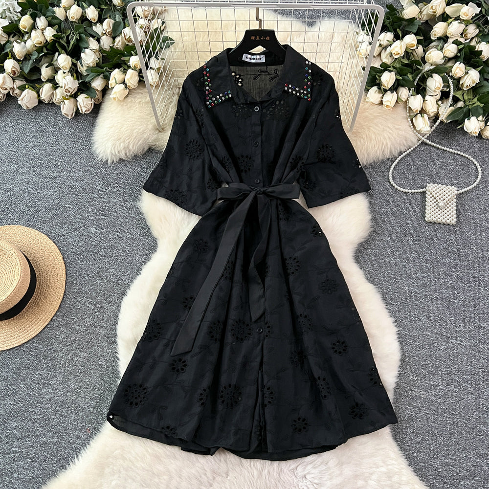 Frenchfashionable heavy industry diamond-encrusted polo collar short-sleeved dress women's summer strappy waist cut outembroider shirt skirt