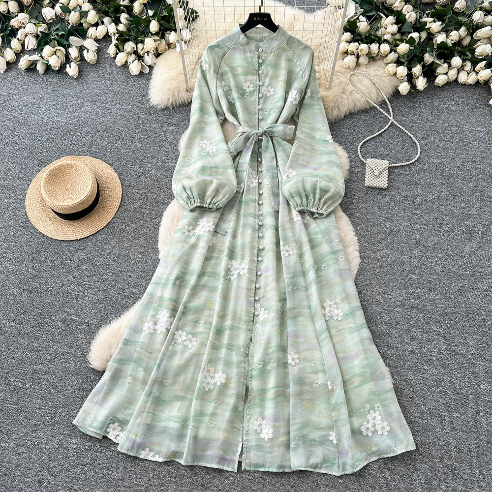 French romantic lantern sleeve printed dress - women's summer slimming a-line maxi dress - elegant workwear
