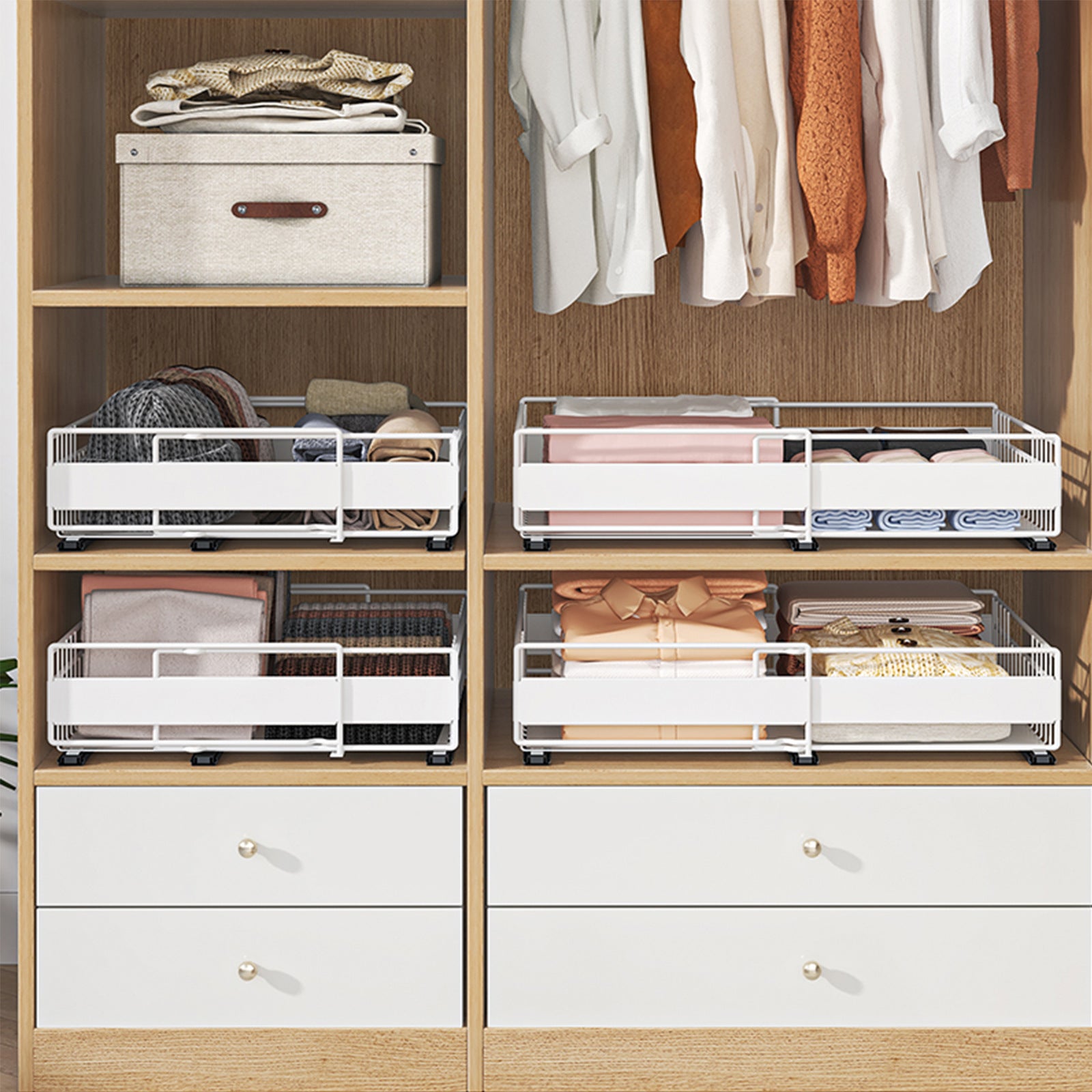 Retractable basket, drawer type seasoning tableware storage rack in kitchen cabinet, storage basket, wardrobe pull rack