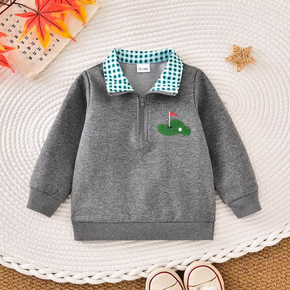 Boys' and girls' long-sleeve embroidered sports top with turn-down collar