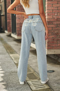 Self-built  fashion cross-border  new butterfly print light color mid-waist denim straight pants