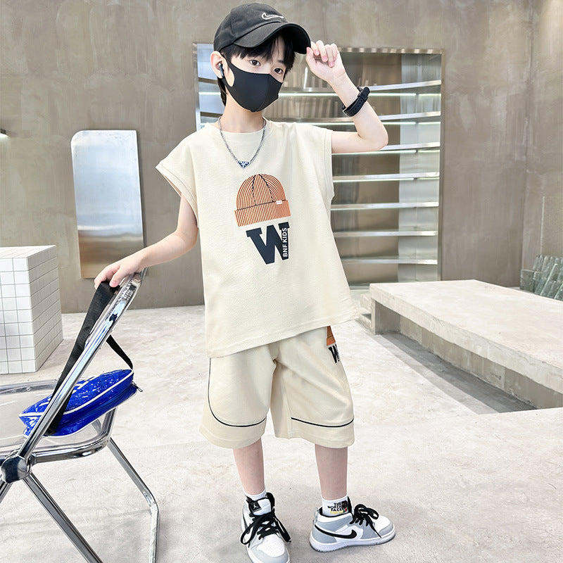 Boys' summer outfit set, new  styles for mid-to-large children, lightweight summer short-sleeve two-piece set, super cool kids' clothing