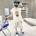 Boys' summer outfit set, new  styles for mid-to-large children, lightweight summer short-sleeve two-piece set, super cool kids' clothing