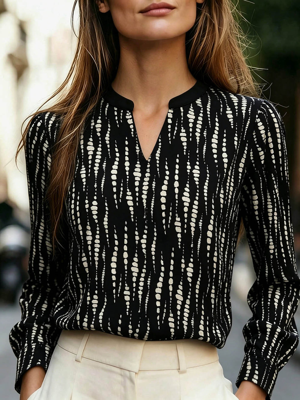 Exportfashionfrenchaccessible luxurylong sleevesshirt vertical dot texture satin small stand collar slit v neck workplace