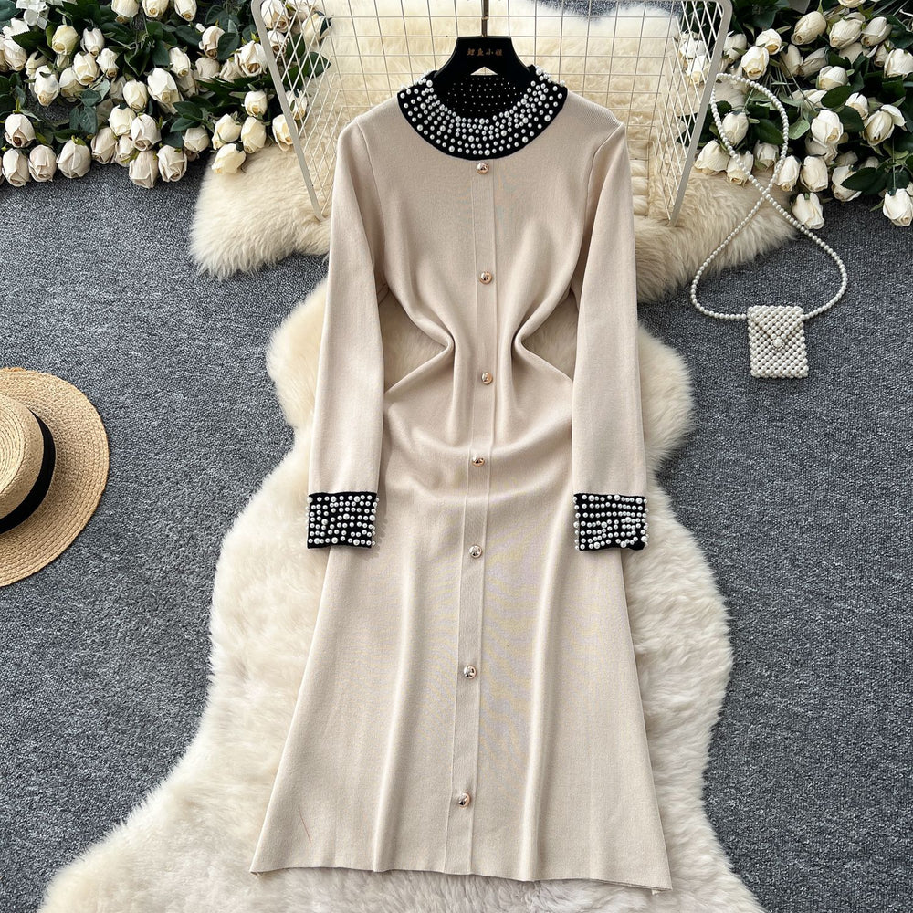 Elegant and high-end beaded round neck long sleeve knitted midi dress - women's autumn slim-fit inner layer sweater dress
