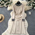 Elegant and high-end beaded round neck long sleeve knitted midi dress - women's autumn slim-fit inner layer sweater dress