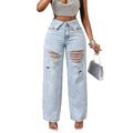 Fashionjeans women's light white washed foldable waistband big hole raw edge beggar style high waiststraight-leg wide leg denim