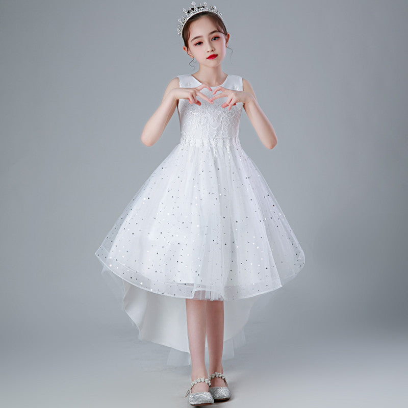 summer girls' tulle princess dress with train - sizes 3-13 years, mid-to-large children's formal dress, floral kids' dress