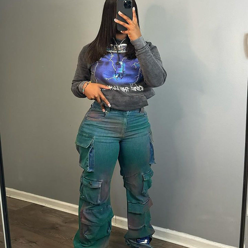European and american cross-border women's fashion:  bestseller - trendy, unique, multi-pocket tie-dye denim jeans, high-waisted straight leg