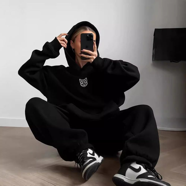 European and American high street sportswear casual printing long-sleeved hooded sweater sweatpants set loose velvet fashion set