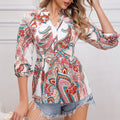 cross-border code new arrival  women's original elegant v-neck printed long sleeve casual blouse