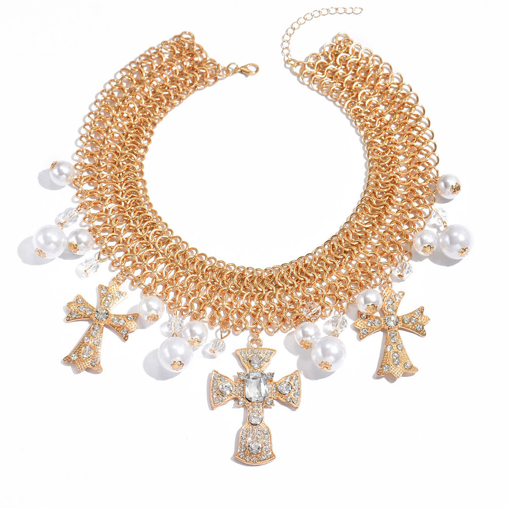 Pearl cross necklace wholesale european and american cross-border accessible luxury niche jewelry metal collar exaggerated clavicle chain for women