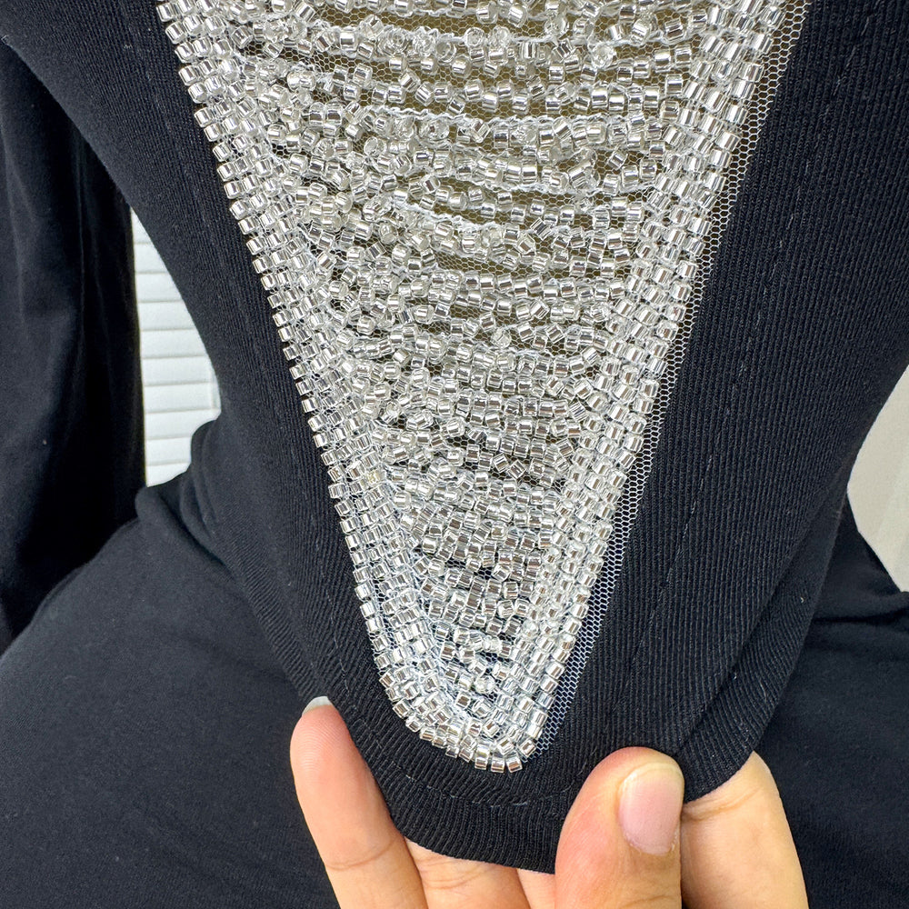 Fashion cross-border spring & fallv neck chain beaded long sleeves elastic silmdresssexy hip-covering short skirt for women dress