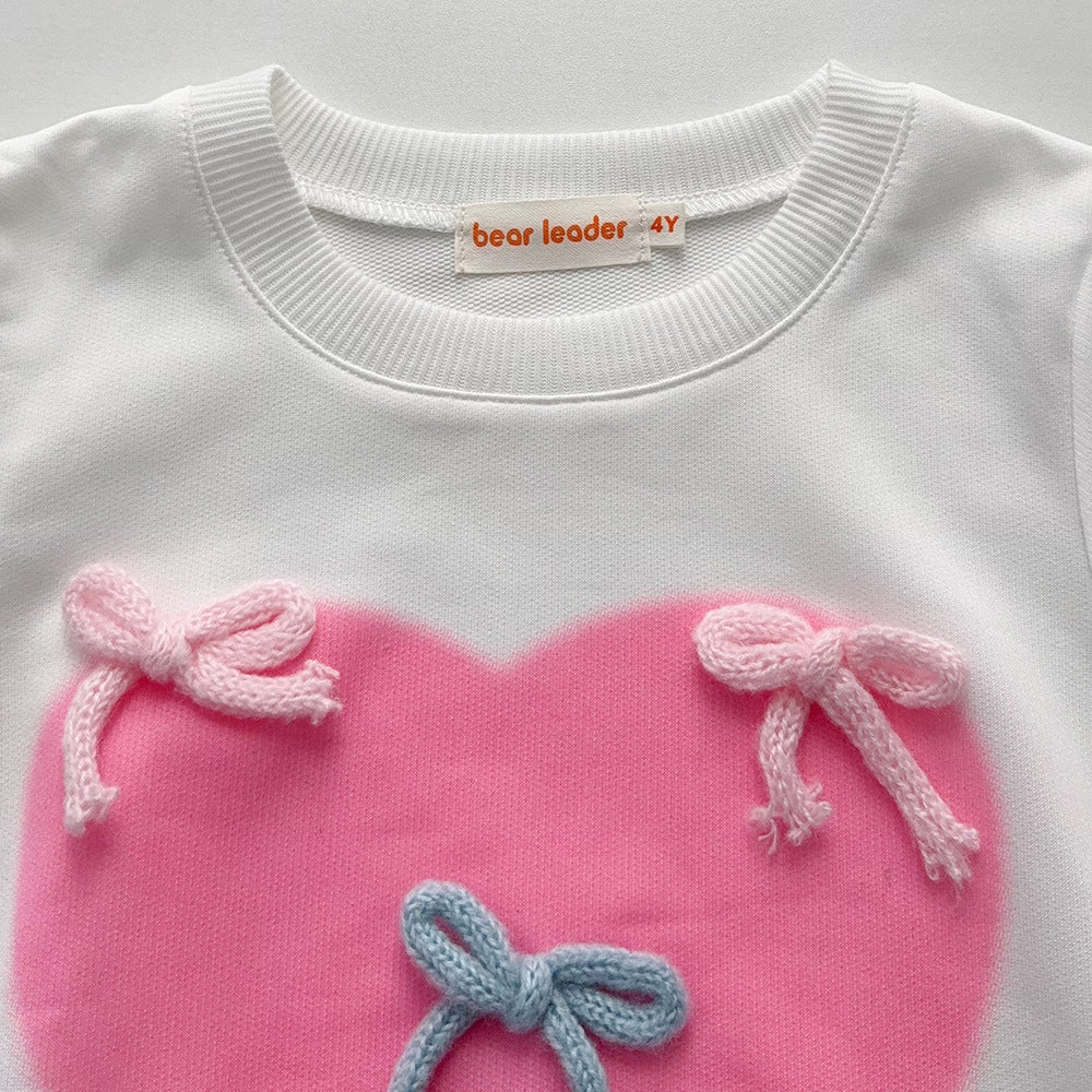 new autumn girls' round neck heart print bow long sleeve sweatshirt pleated skirt two-piece casual set