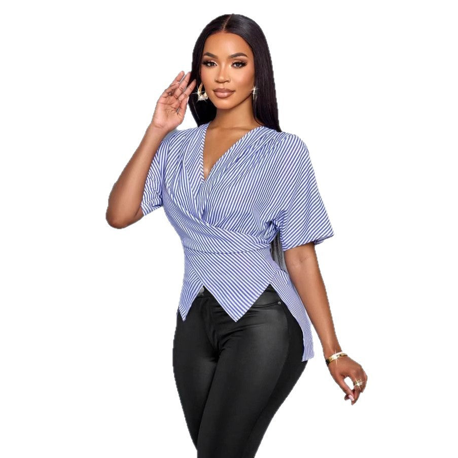 European and american cross-border  summer new striped irregular sexy fashion short-sleeve shirt v-neck top women's blouse